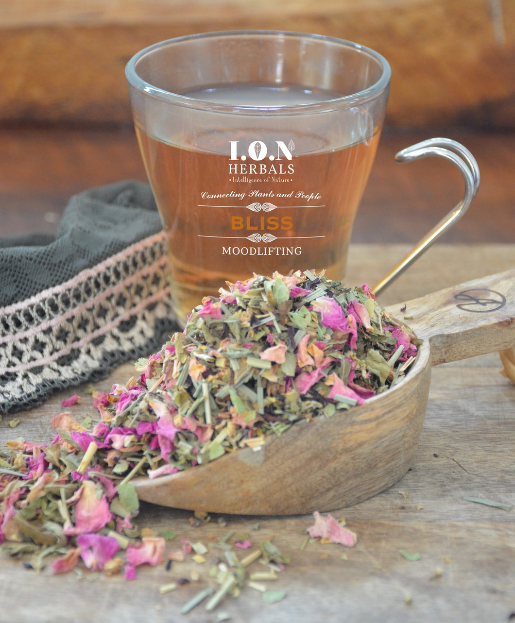 BLISS in a cup.  This is a beautiful infusion of herbs to open the heart and lift the mood; simply the aroma can carry one to bliss.